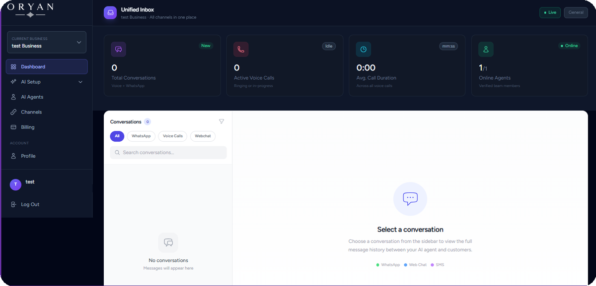 ORYAN AI unified dashboard